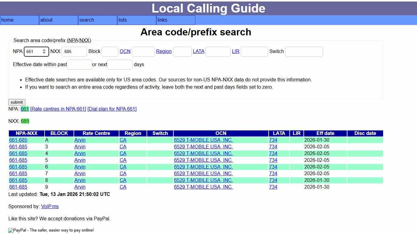 Local calling guide: NPA-NXX search